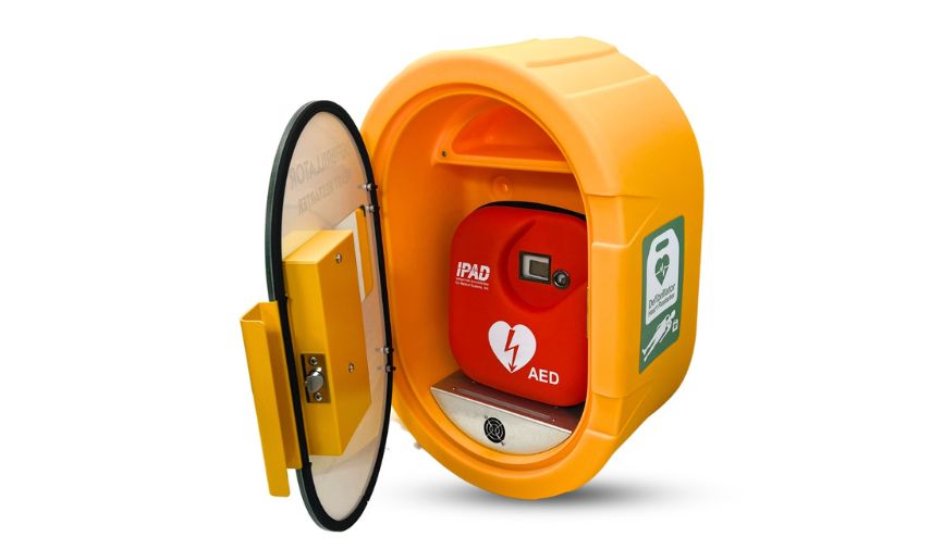 defibsafe 2 cabinet in open position with ipad aed inside