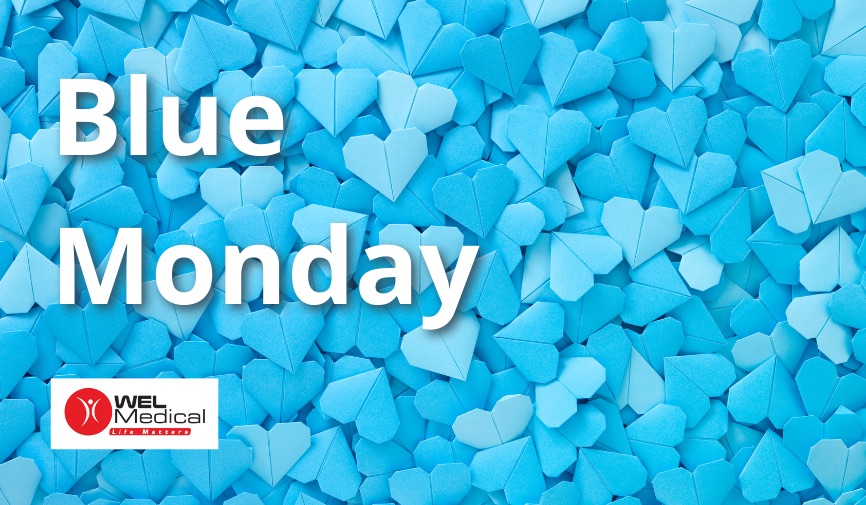 Blue hearts with 'Blue Monday' written in white text and the WEL Medical logo