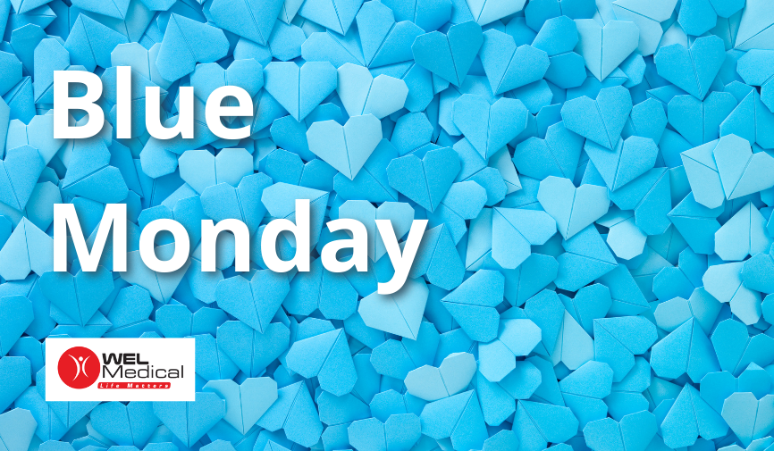 Blue hearts with 'Blue Monday' written in white text and the WEL Medical logo