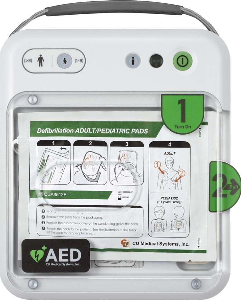 How to use a defibrillator: Front view of an AED with adult and paediatric pad instructions visible behind a clear cover