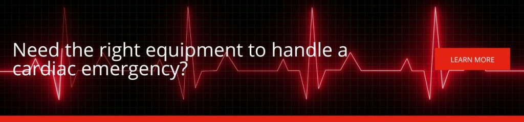 Need the right equipment to handle a cardiac emergency: Banner with ECG heartbeat line on a dark background and text about cardiac emergency equipment