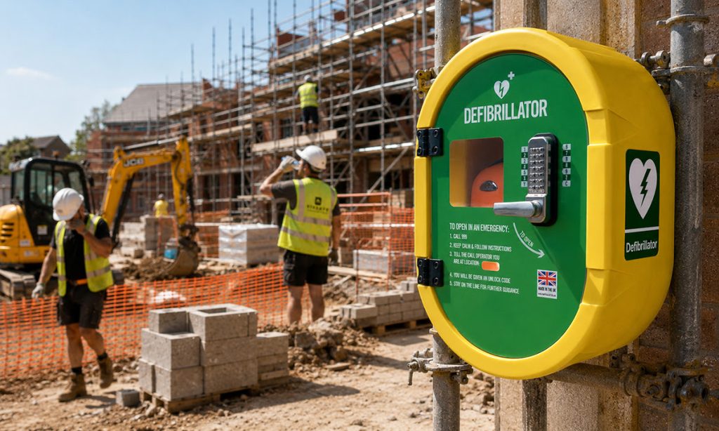 Heatwaves And Cardiac Risk: A yellow and green wall-mounted defibrillator cabinet on a construction site, with workers in hi-vis vests and hard hats laying blocks and operating a digger among scaffolding in the background on a sunny day.