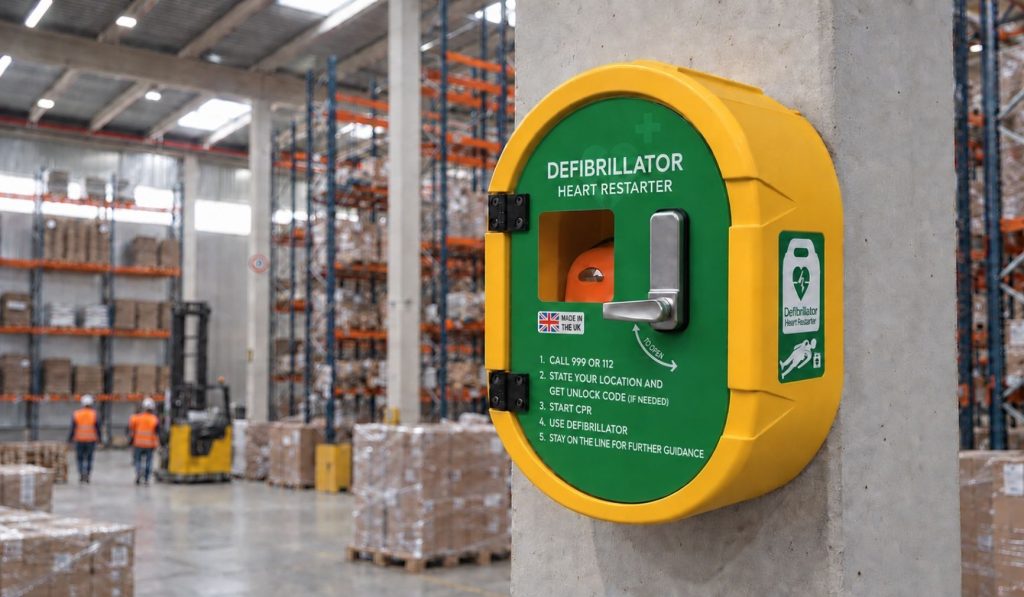 defibrillators in warehouses and vehicle fleets: A yellow and green wall-mounted defibrillator cabinet with a keypad lock fixed to a concrete pillar in a warehouse, with high storage racking, pallets and hi-vis-clad workers in the background.