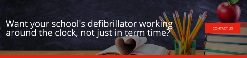 Want your school's defibrillator working around the clock not just in term time: A banner advertisement with a background of a blackboard, pencils, books and an apple, with white text reading "Want your school's defibrillator working around the clock, not just in term time?" and a red "Contact Us" button.