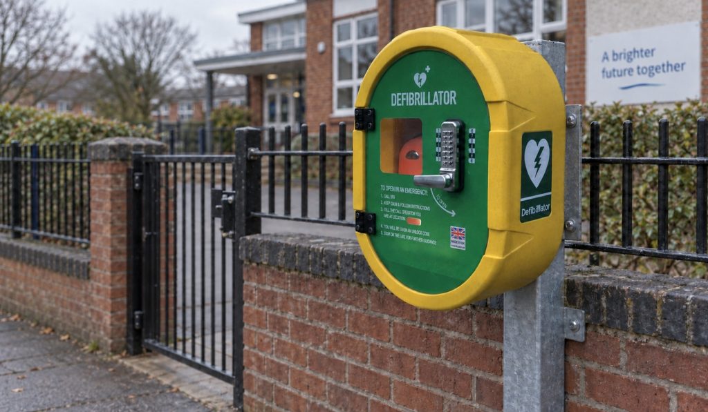 defibrillator cabinet for schools: A yellow and green outdoor defibrillator cabinet with a keypad lock, mounted on a metal post beside a brick wall and railings outside a school building, with a "A brighter future together" sign in the background.