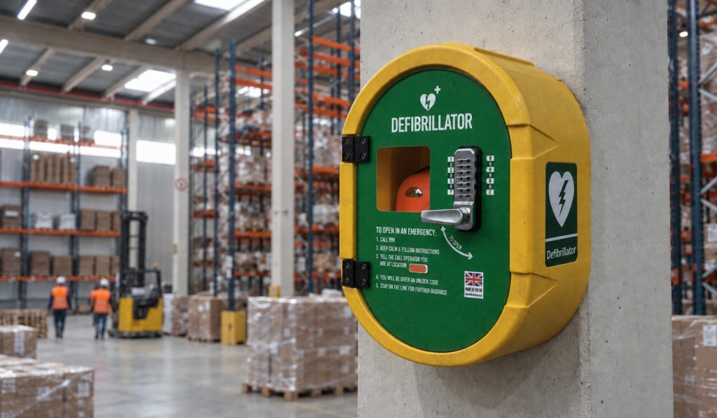 defibrillators in warehouses and vehicle fleets: A yellow and green wall-mounted defibrillator cabinet with a keypad lock fixed to a concrete pillar in a warehouse, with high storage racking, pallets and hi-vis-clad workers in the background.
