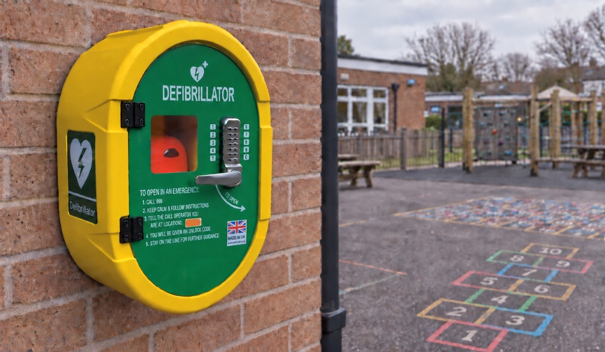 playground AED storage: A yellow and green wall-mounted defibrillator cabinet with a keypad lock fixed to a brick wall, with a school playground featuring hopscotch markings and climbing equipment in the background.