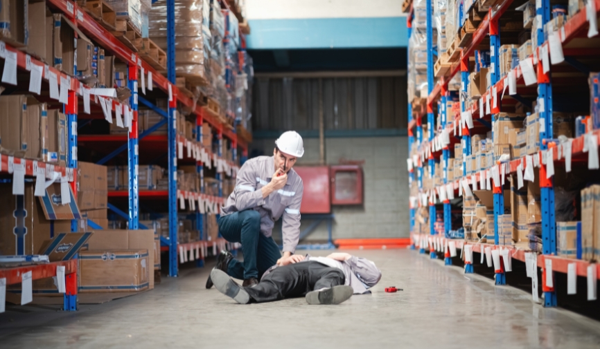 workplace defibrillator placement: A warehouse worker in a hard hat kneeling beside a colleague who has collapsed on the floor between tall storage racks, checking on them during a medical emergency.